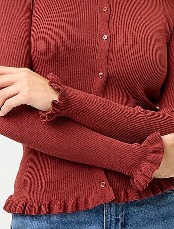 Cardigan a costine tinta unita con finiture a volant