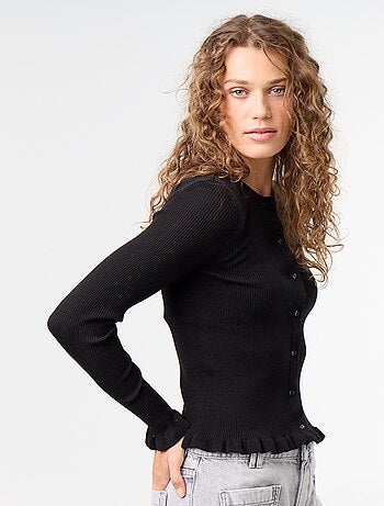 Cardigan a costine tinta unita con finiture a volant