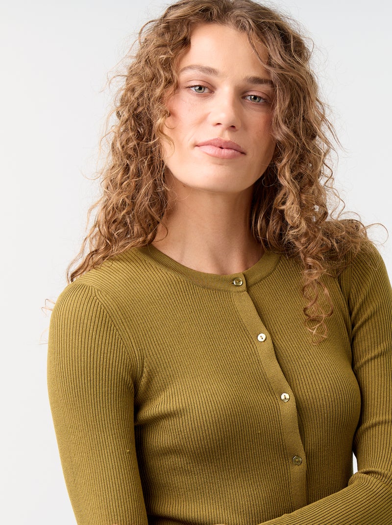 Cardigan a costine tinta unita con finiture a volant Verde - Kiabi