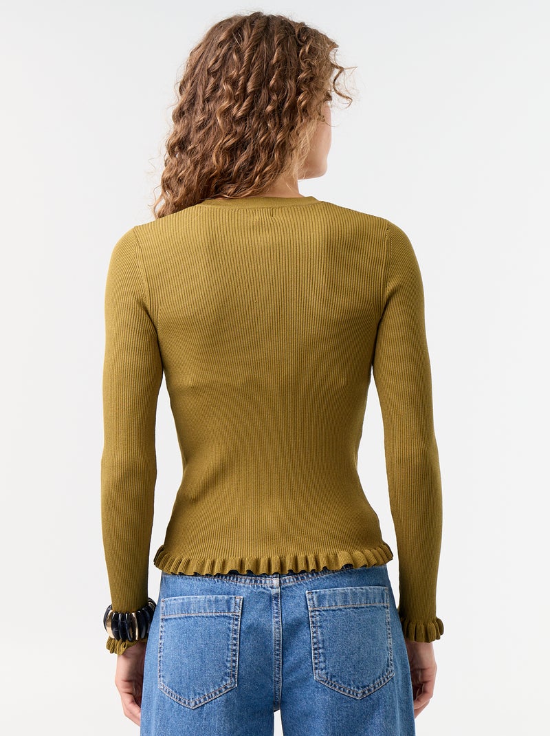 Cardigan a costine tinta unita con finiture a volant Verde - Kiabi