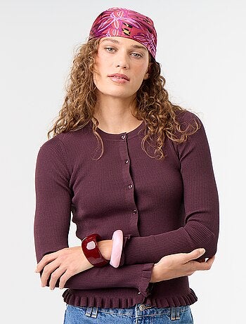 Cardigan a costine tinta unita con finiture a volant