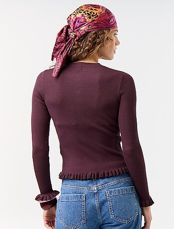 Cardigan a costine tinta unita con finiture a volant