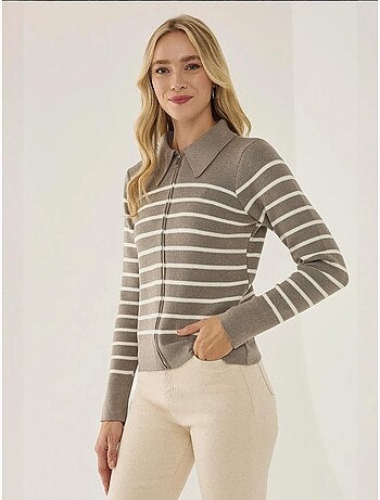 Cardigan a righe con cerniera e colletto a camicia