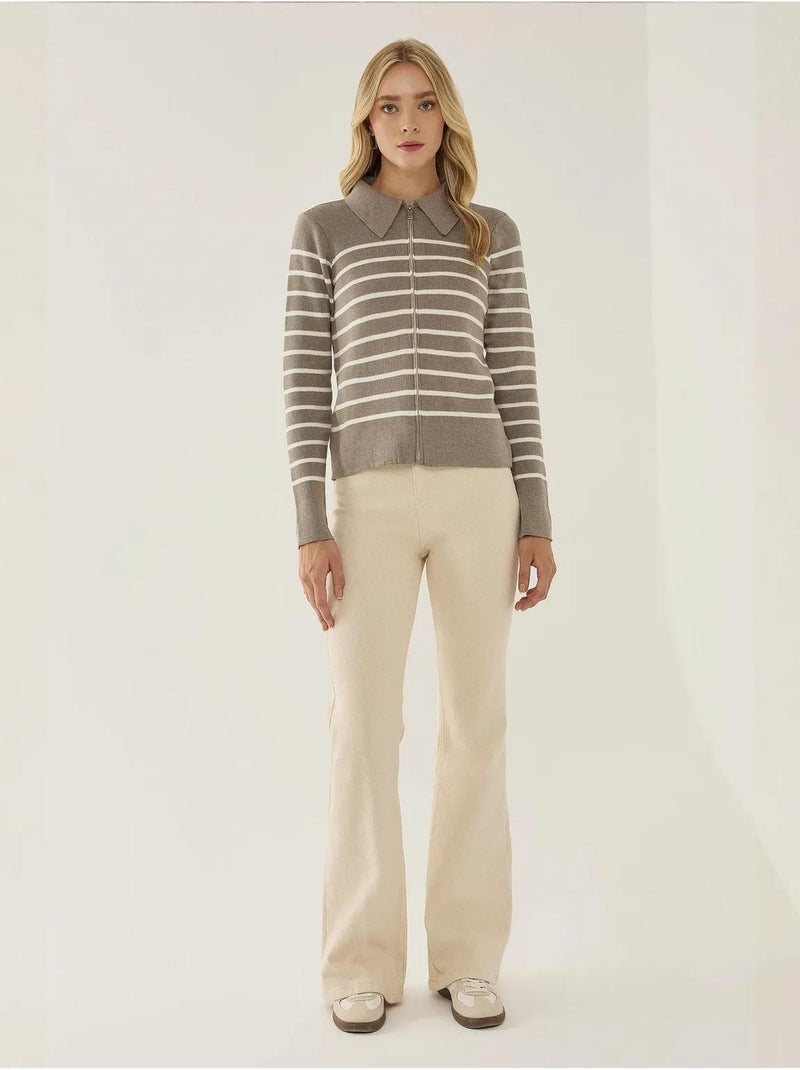 Cardigan a righe con cerniera e colletto a camicia Grigio - Kiabi