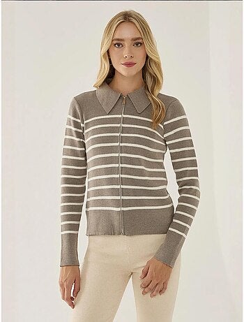 Cardigan a righe con cerniera e colletto a camicia hiccup