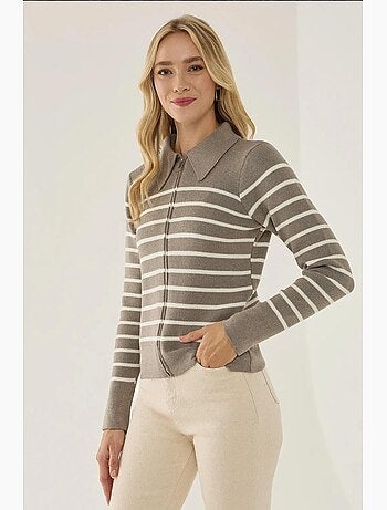 Cardigan a righe con cerniera e colletto a camicia hiccup