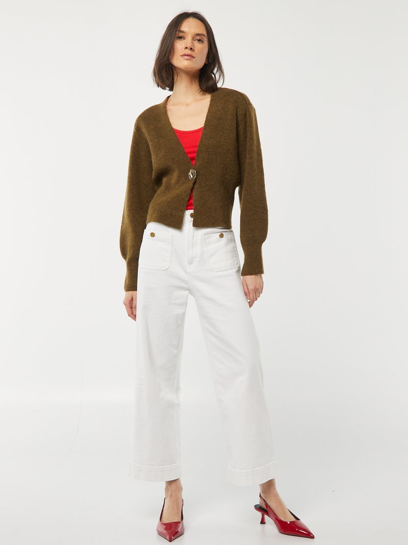 Cardigan con apertura con bottone dorato e maglia a coste Kaki - Kiabi