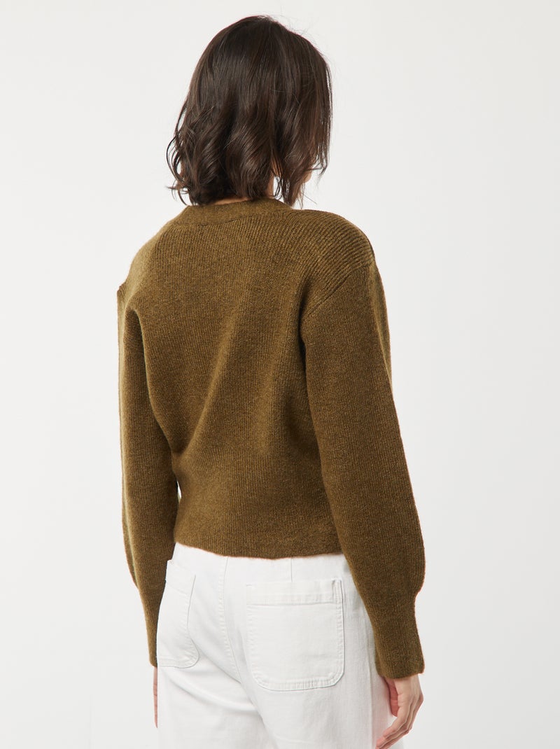 Cardigan con apertura con bottone dorato e maglia a coste Kaki - Kiabi