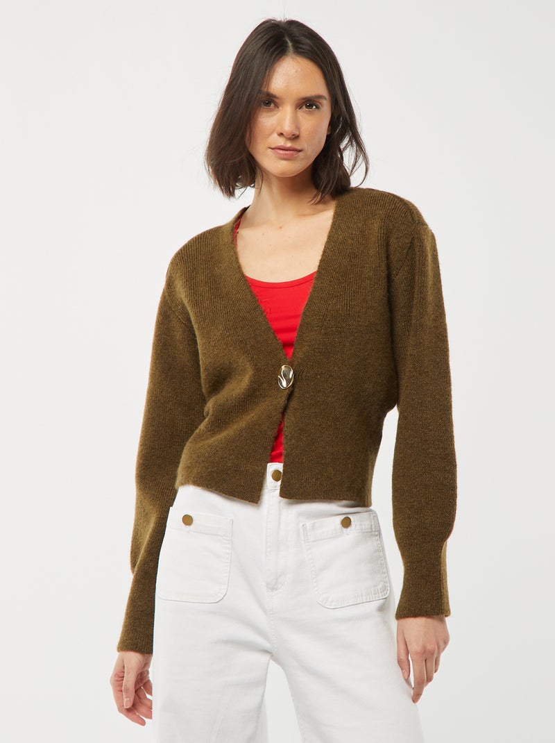 Cardigan con apertura con bottone dorato e maglia a coste Kaki - Kiabi