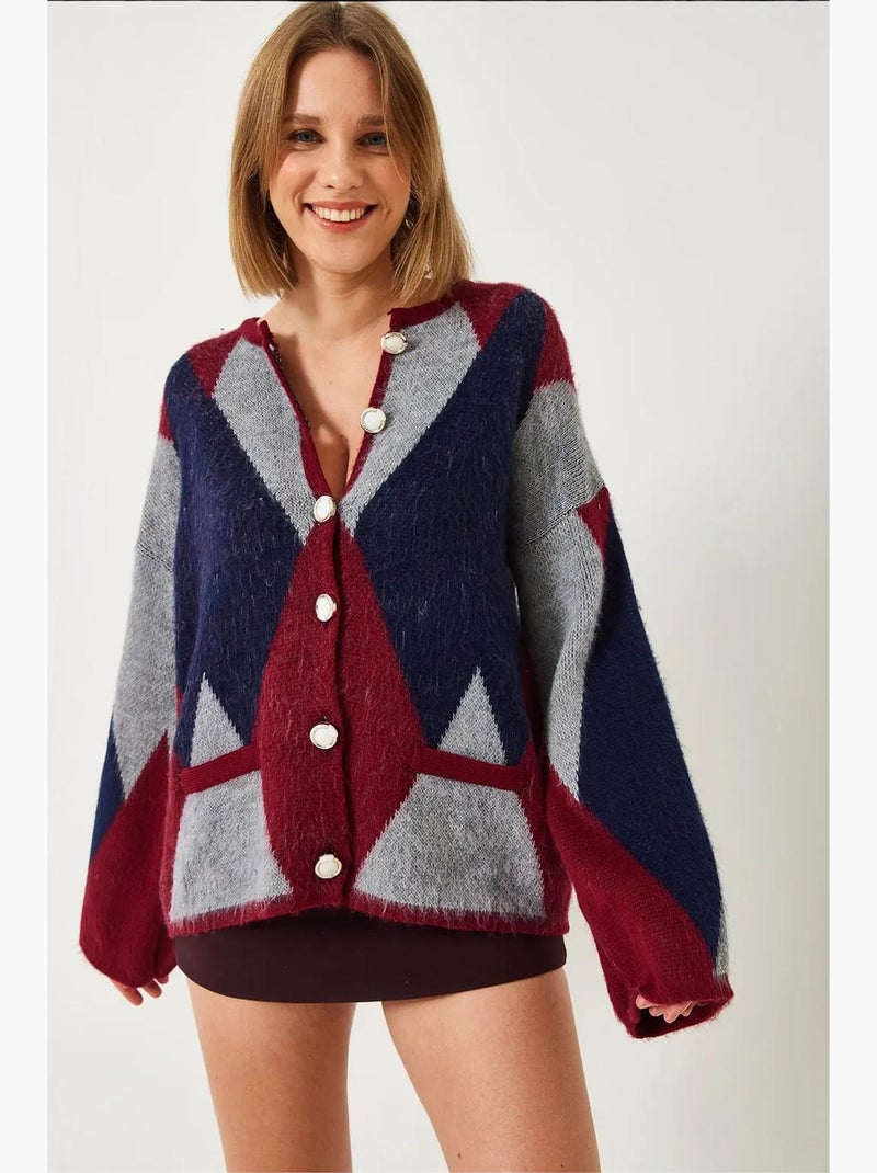 Cardigan con bottoni e motivo geometrico lucci Rosso bordeaux - Kiabi