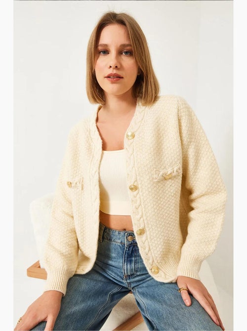 Cardigan con bottoni in maglia a trecce lucci - Kiabi Cardigan con bottoni in maglia a trecce lucci - Kiabi
