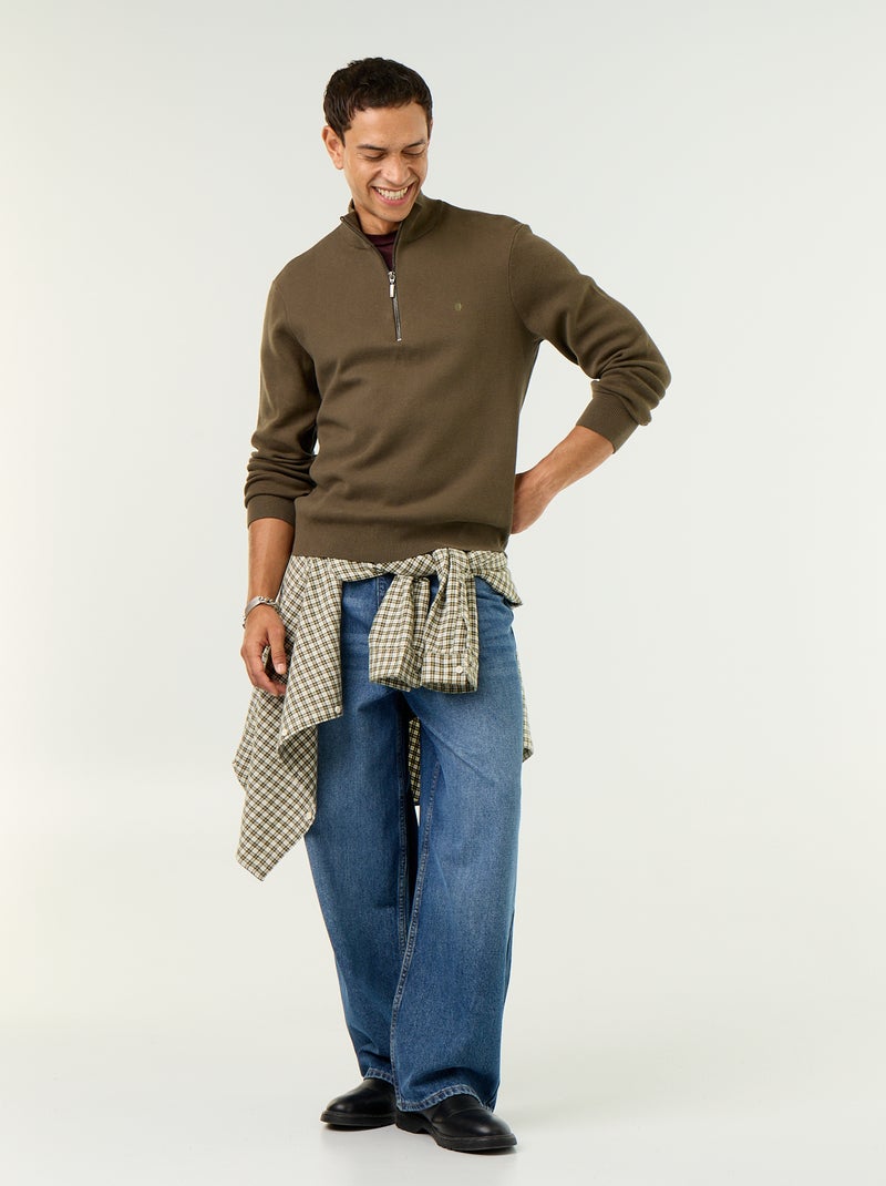Cardigan con collo alto con zip Kaki - Kiabi