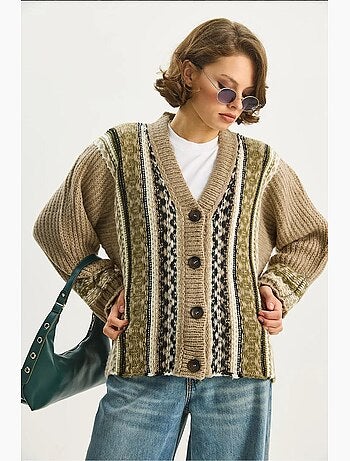 Cardigan con stampa etnica, scollo a v, maniche lunghe e chiusura con bottoni lucci