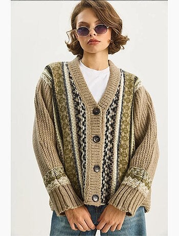 Cardigan con stampa etnica, scollo a v, maniche lunghe e chiusura con bottoni lucci