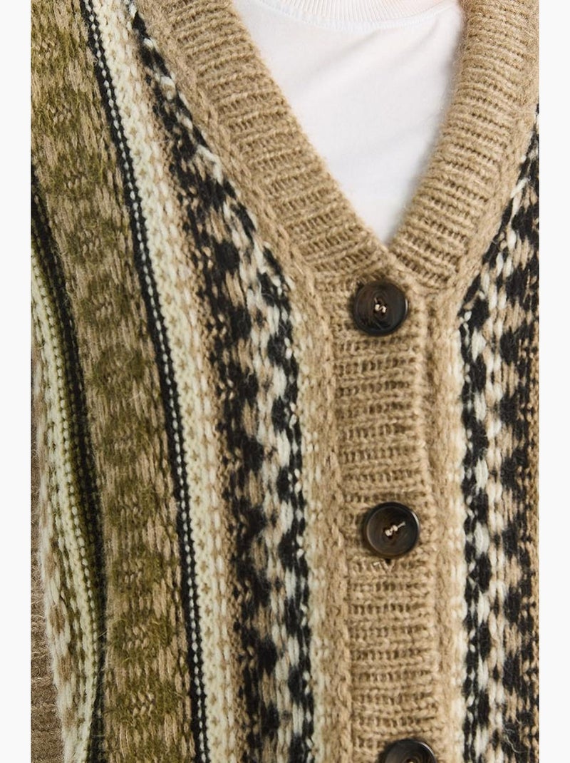 Cardigan con stampa etnica, scollo a v, maniche lunghe e chiusura con bottoni lucci Beige argilla - Kiabi