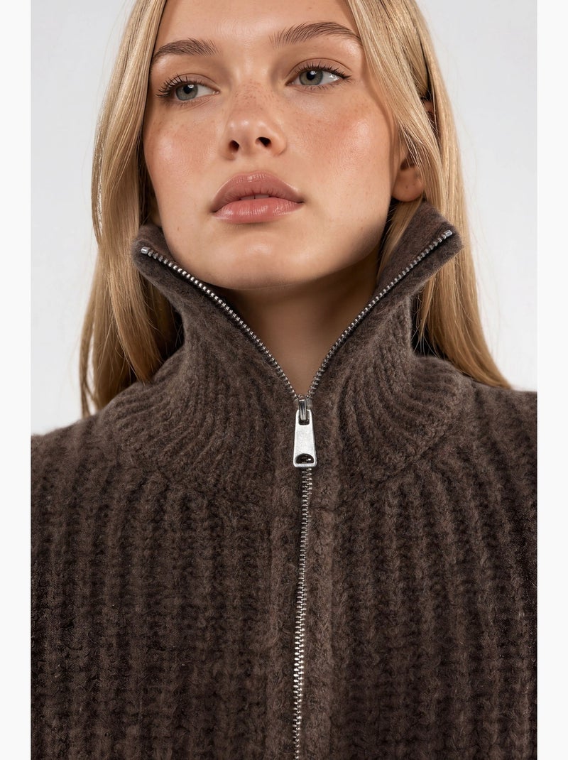 Cardigan con zip a collo alto in maglia spessa testurizzata hiccup Marrone scuro - Kiabi