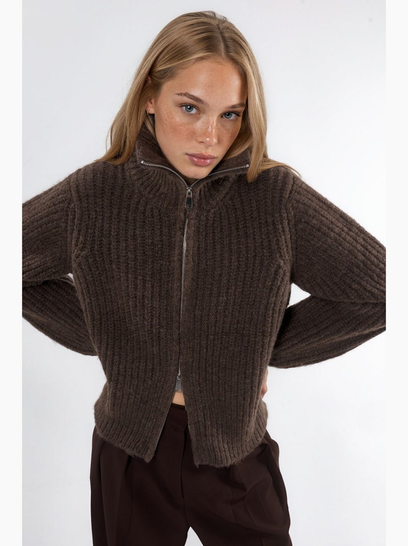 Cardigan con zip a collo alto in maglia spessa testurizzata hiccup Marrone scuro - Kiabi