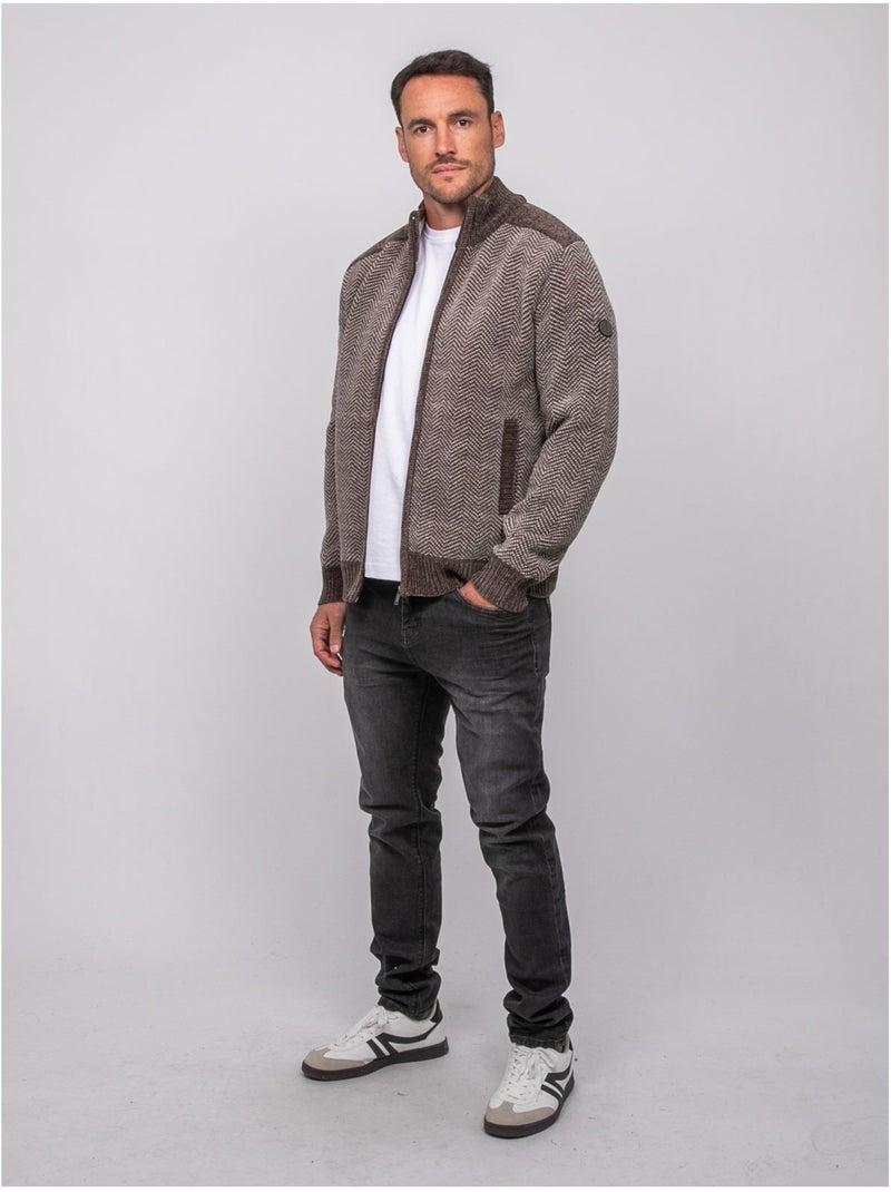 Cardigan con zip a motivo spigato lenidico Marrone - Kiabi