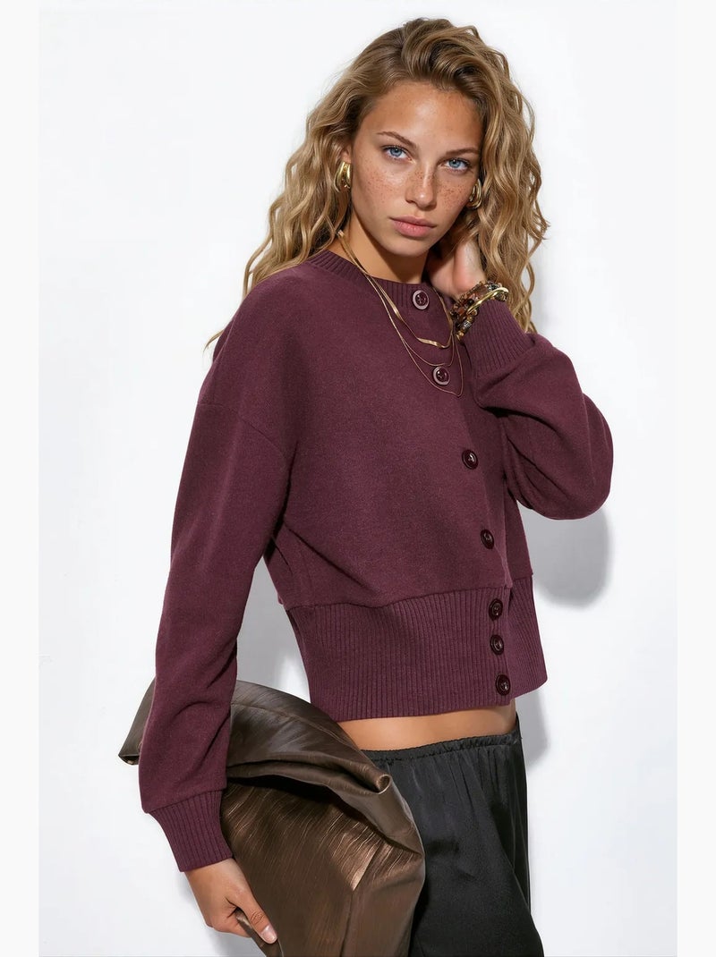 Cardigan corto a coste con bottoni busem Rosso bordeaux - Kiabi