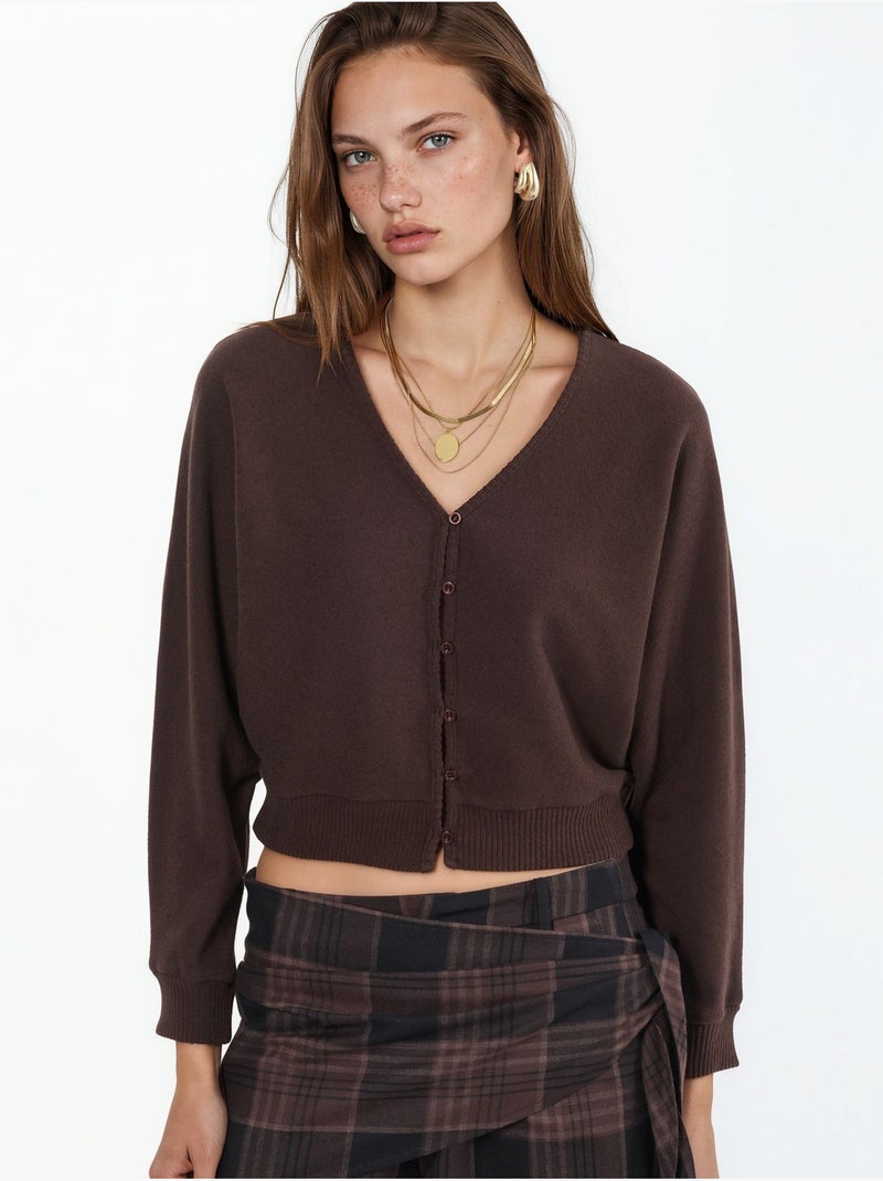 Cardigan corto a coste con scollo a v busem Marrone cioccolato - Kiabi
