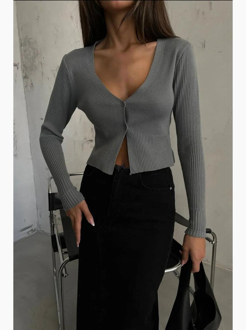 Cardigan corto con scollo a v tinta unita hiccup Grigio - Kiabi