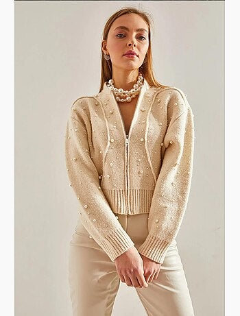 Cardigan corto con zip e decorazioni di perle lucci