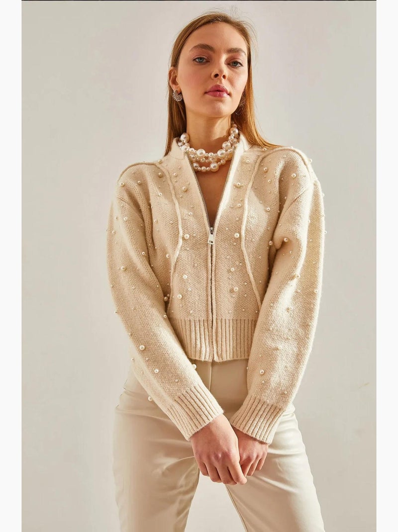 Cardigan corto con zip e decorazioni di perle lucci Beige argilla - Kiabi