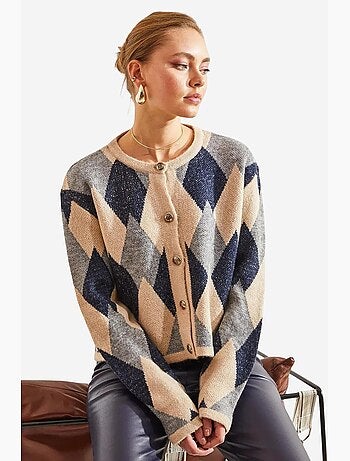 Cardigan corto in maglia geometrica con bottoni lucci