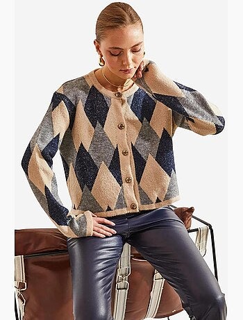Cardigan corto in maglia geometrica con bottoni lucci