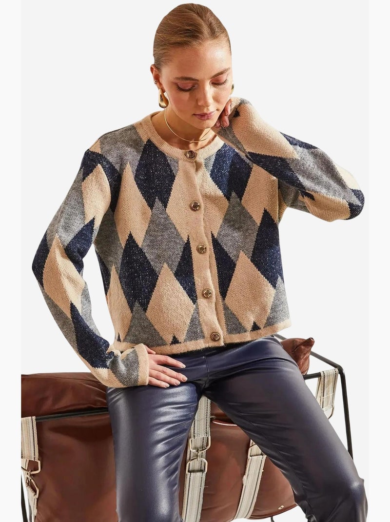 Cardigan corto in maglia geometrica con bottoni lucci Beige naturale - Kiabi