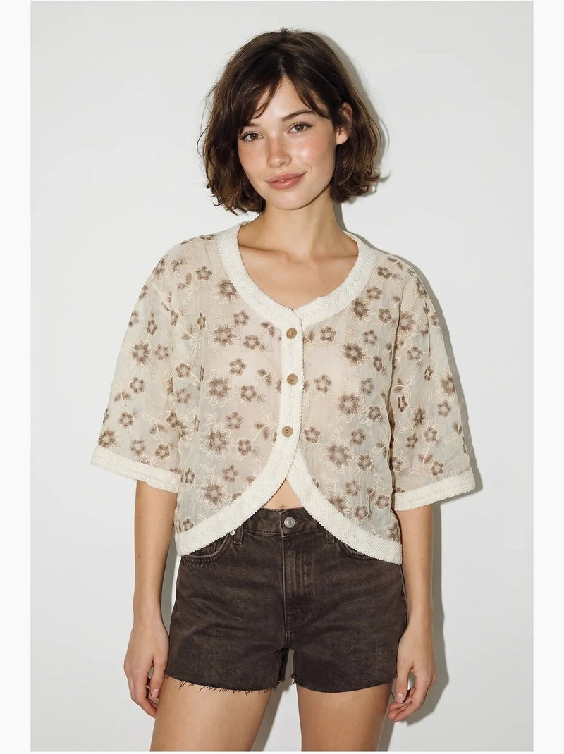Cardigan corto jacquard floreale lucci Crema - Kiabi