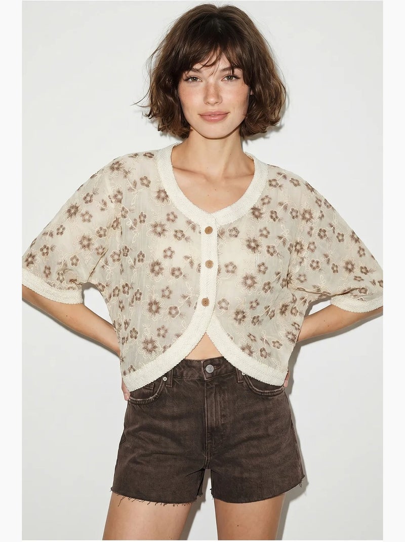 Cardigan corto jacquard floreale lucci Crema - Kiabi