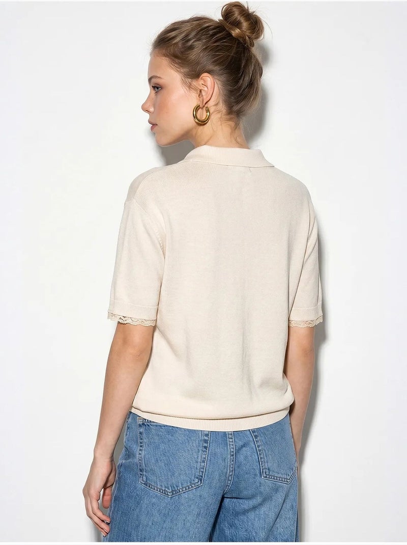 Cardigan da donna a coste con pizzo e bottoni lucci Crema - Kiabi