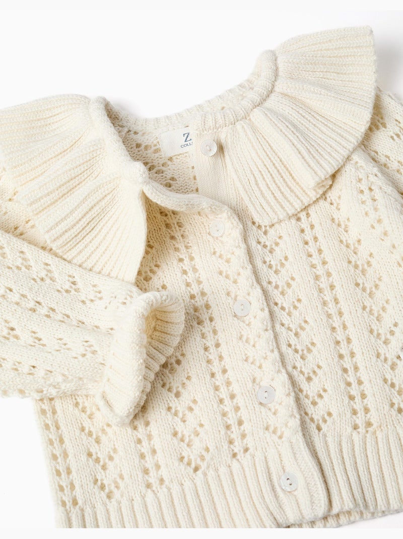 Cardigan in cotone con lavorazione traforata e volant Beige chiaro - Kiabi