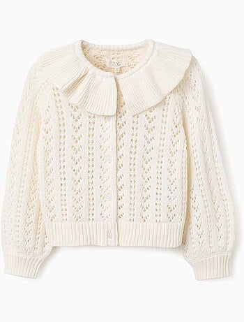 Cardigan in cotone con maglia traforata e volant