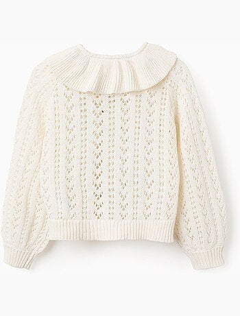 Cardigan in cotone con maglia traforata e volant