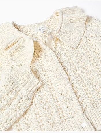 Cardigan in cotone con maglia traforata e volant