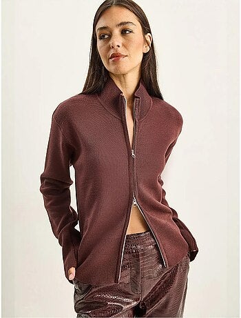 Cardigan in maglia a coste con mezza dolcevita e zip lucci
