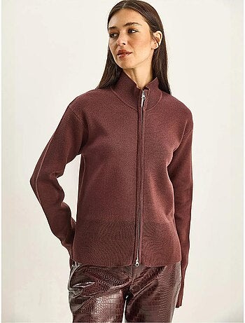 Cardigan in maglia a coste con mezza dolcevita e zip lucci