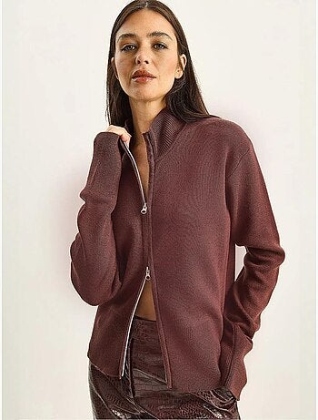 Cardigan in maglia a coste con mezza dolcevita e zip lucci