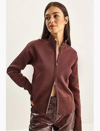 Cardigan in maglia a coste con mezza dolcevita e zip lucci