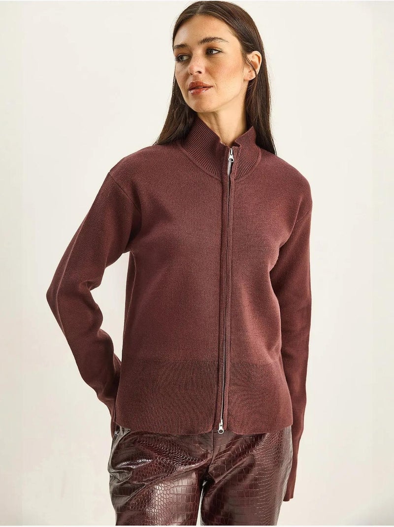 Cardigan in maglia a coste con mezza dolcevita e zip lucci Rosso bordeaux - Kiabi