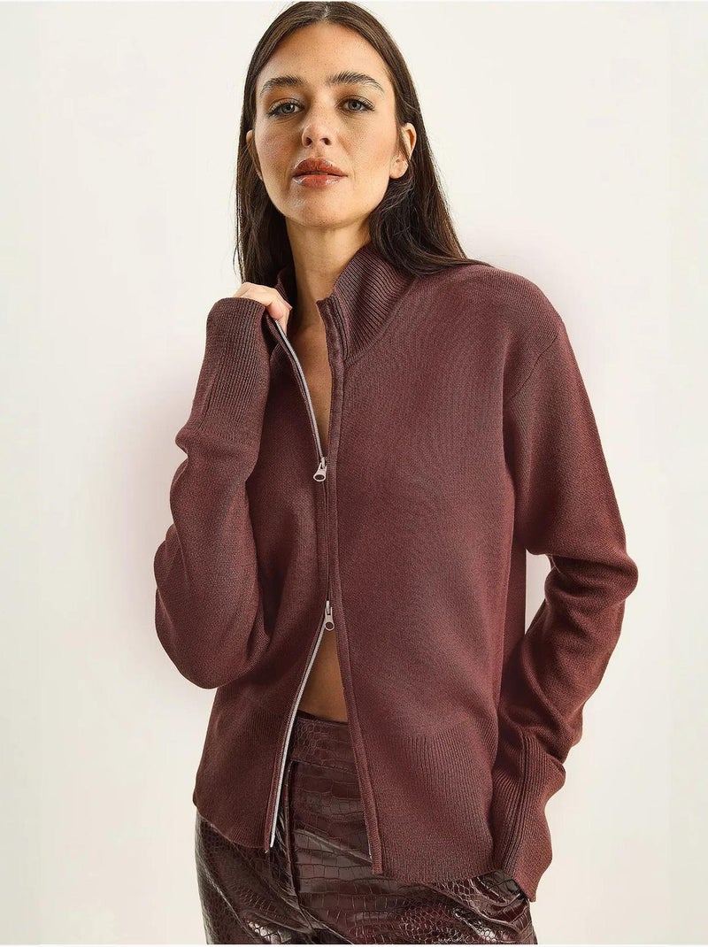 Cardigan in maglia a coste con mezza dolcevita e zip lucci Rosso bordeaux - Kiabi