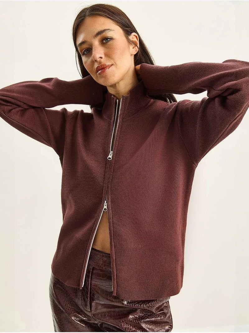 Cardigan in maglia a coste con mezza dolcevita e zip lucci Rosso bordeaux - Kiabi