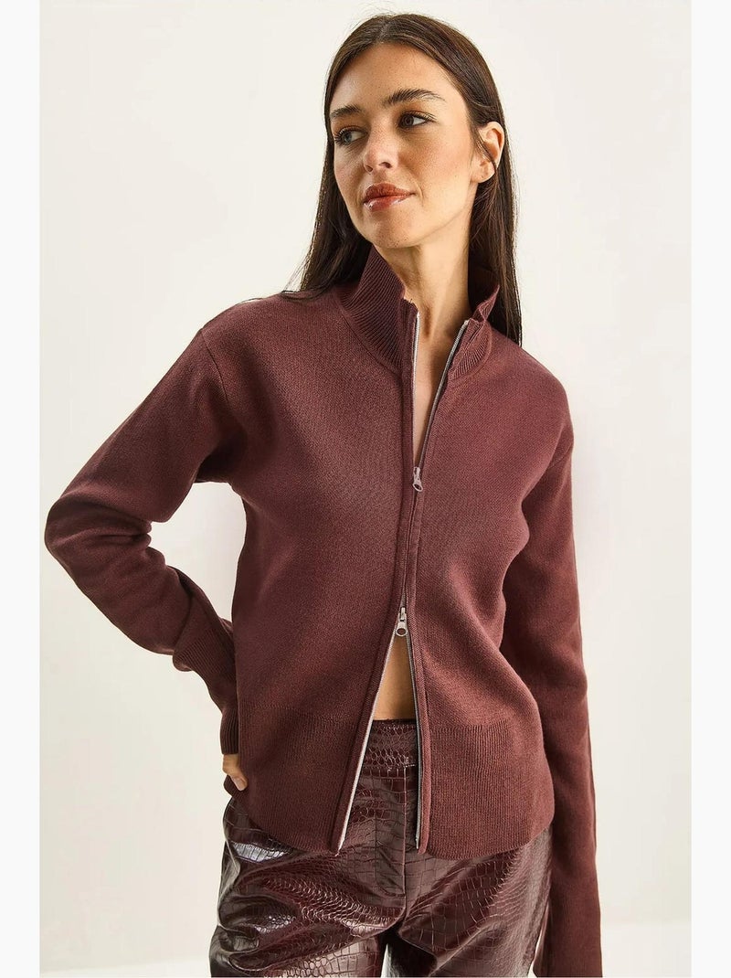 Cardigan in maglia a coste con mezza dolcevita e zip lucci Rosso bordeaux - Kiabi