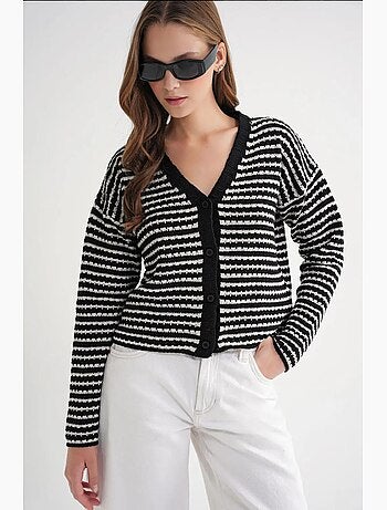 Cardigan in maglia a coste con scollo a v, righe e bottoni sul davanti mixray