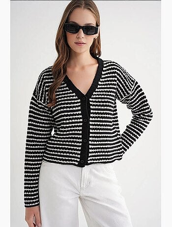 Cardigan in maglia a coste con scollo a v, righe e bottoni sul davanti mixray