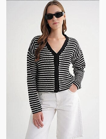 Cardigan in maglia a coste con scollo a v, righe e bottoni sul davanti mixray