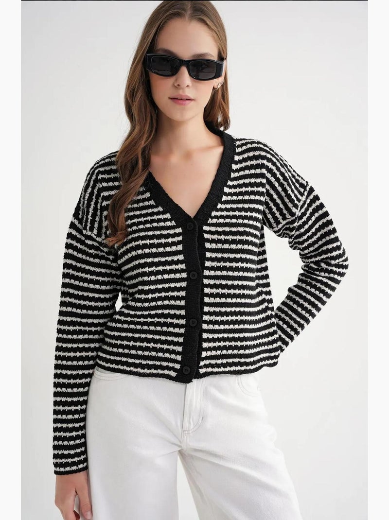 Cardigan in maglia a coste con scollo a v, righe e bottoni sul davanti mixray Nero - Kiabi