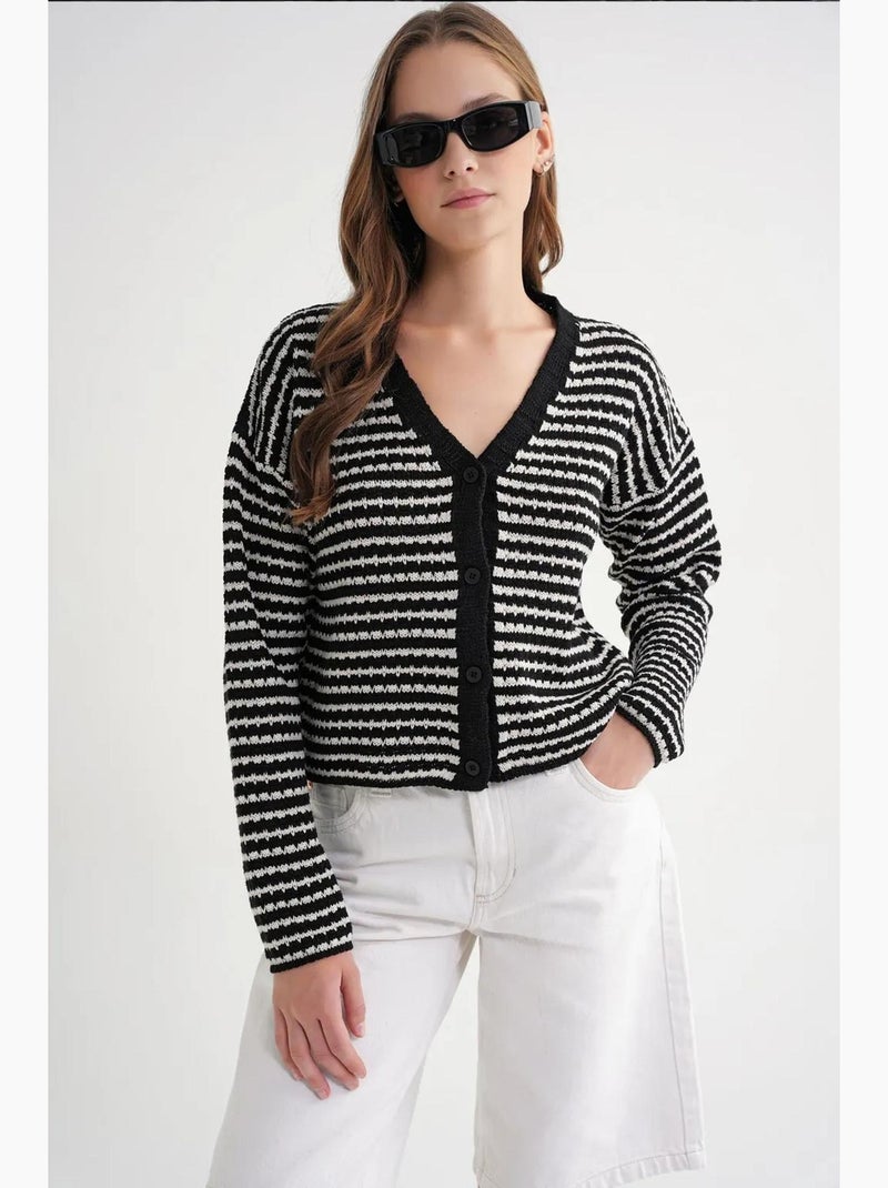 Cardigan in maglia a coste con scollo a v, righe e bottoni sul davanti mixray Nero - Kiabi